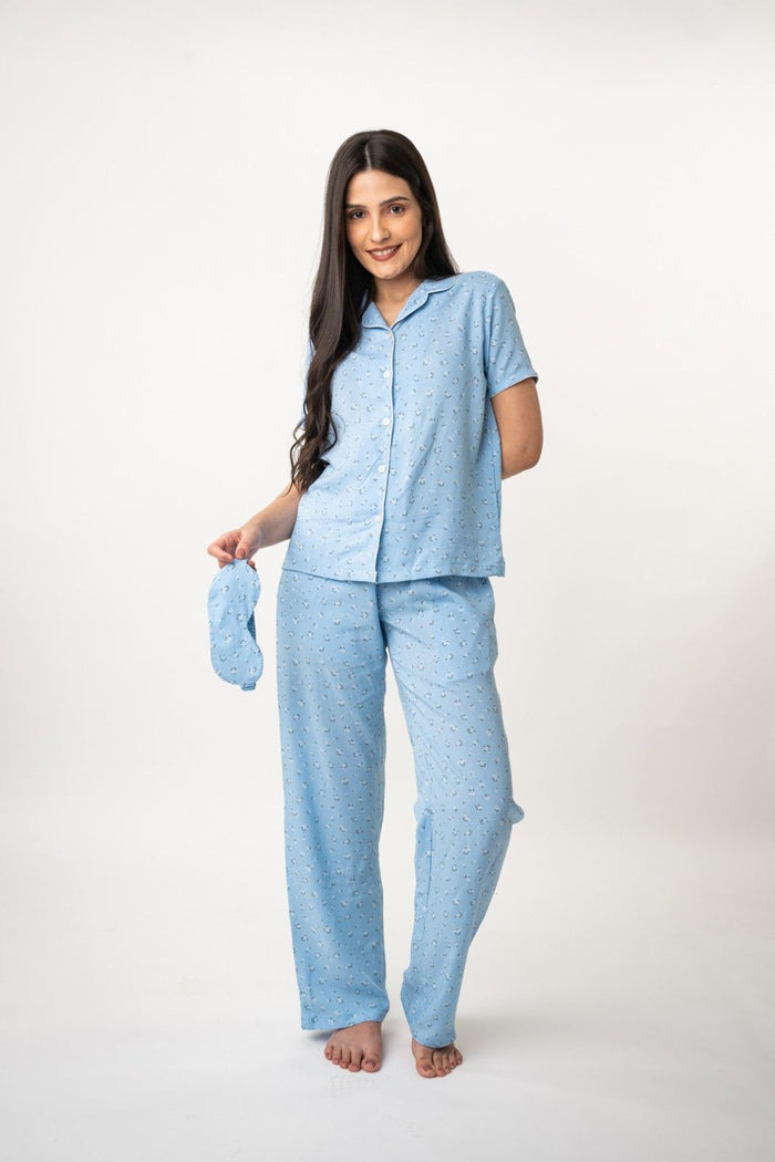 Emma Blue Cotton Blend Women's Pajama Set