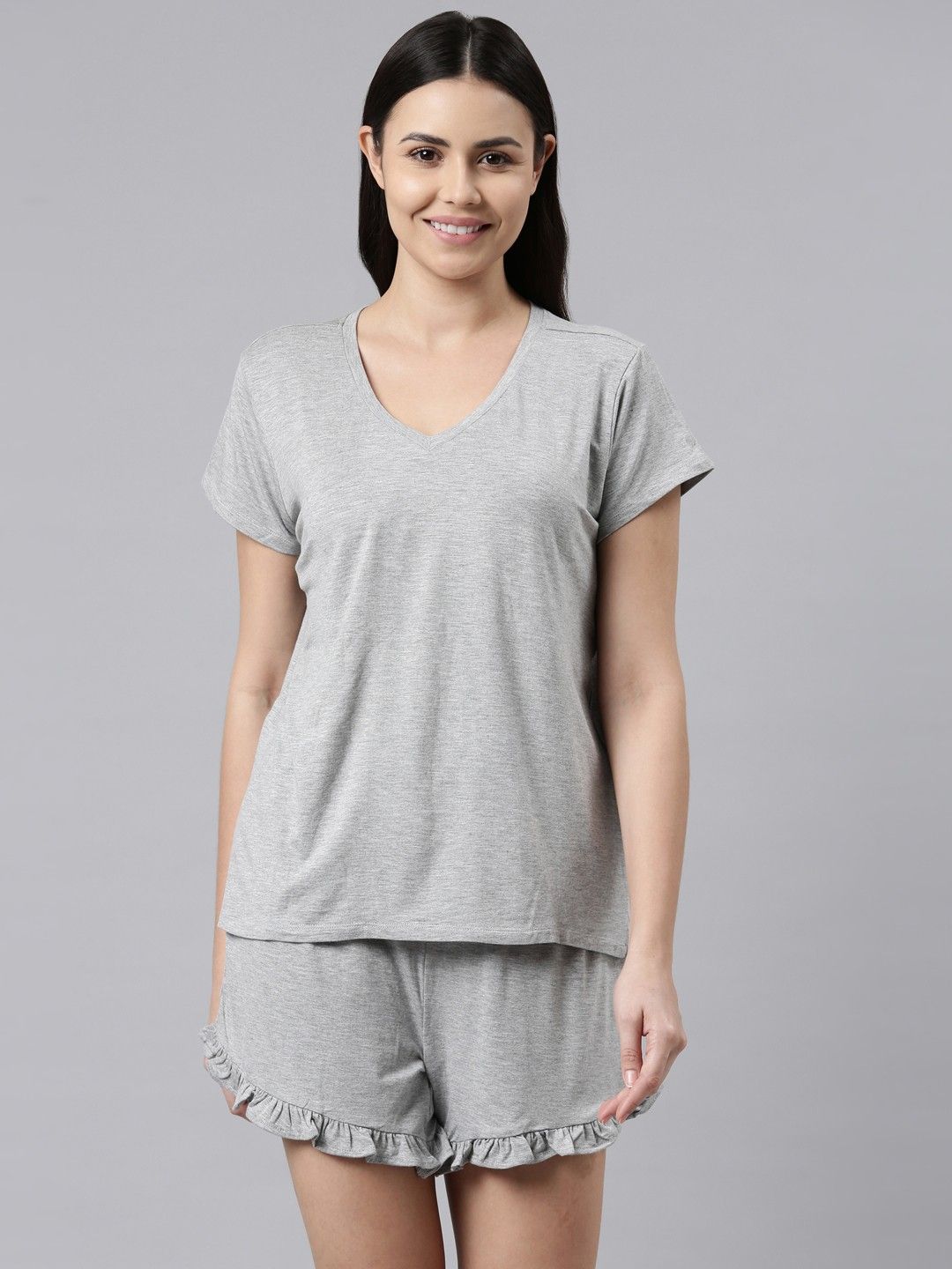 Grey Knitted Women's V-Neck T-shirt