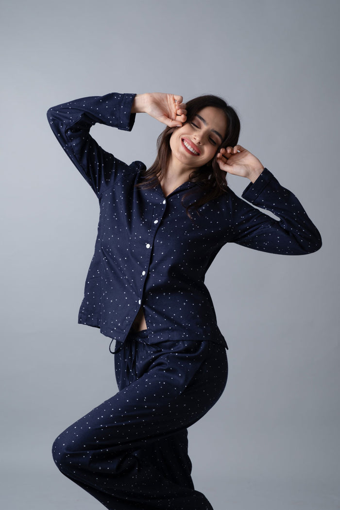 Starlight Blue Printed Cotton Twill Women's Pajama Set - Full Sleeves