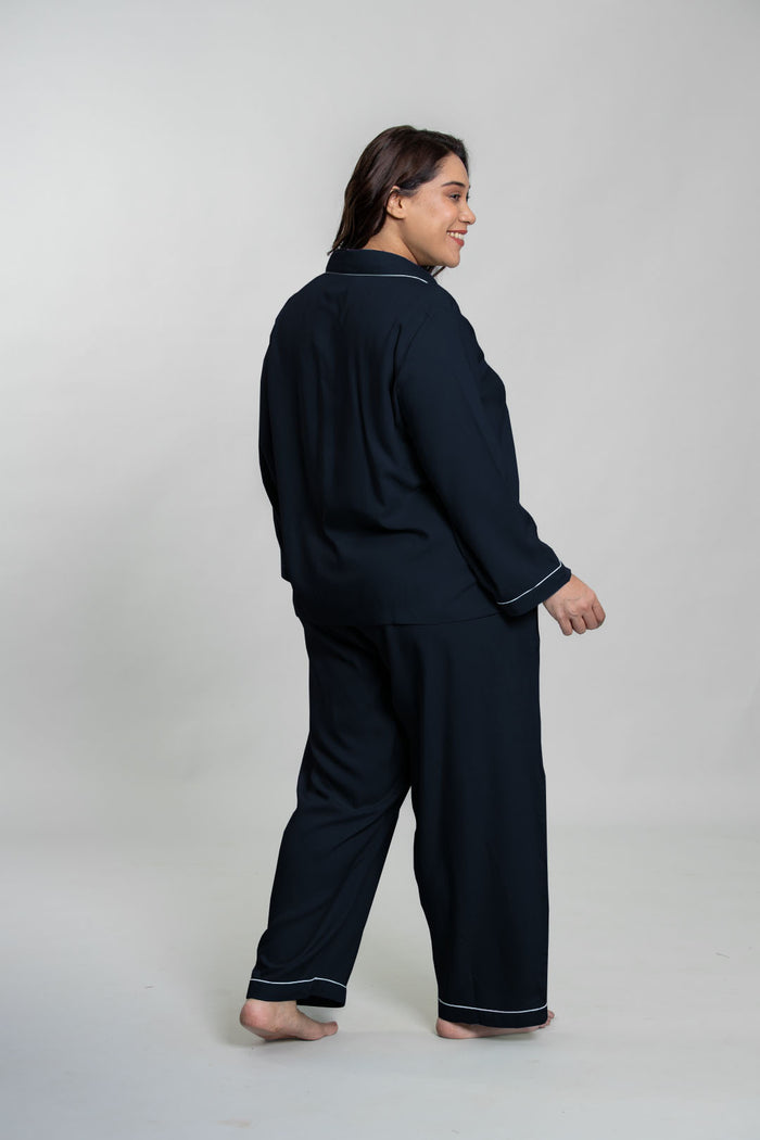 Midnight Navy Emily Soft Cotton Women's Curve Pajama Set - Full Sleeves