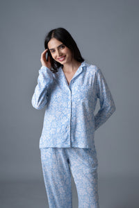 Bella Blue Printed Cotton Blend Women's Pajama Set - Full Sleeves
