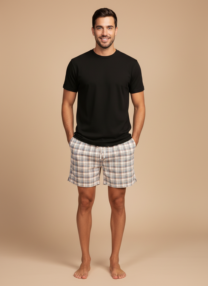 Beige Plaid Cotton Twill Men's Shorts