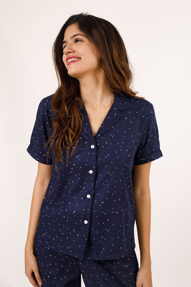 Starlight Blue Printed Cotton Twill Women's Pajama Set - Half Sleeves