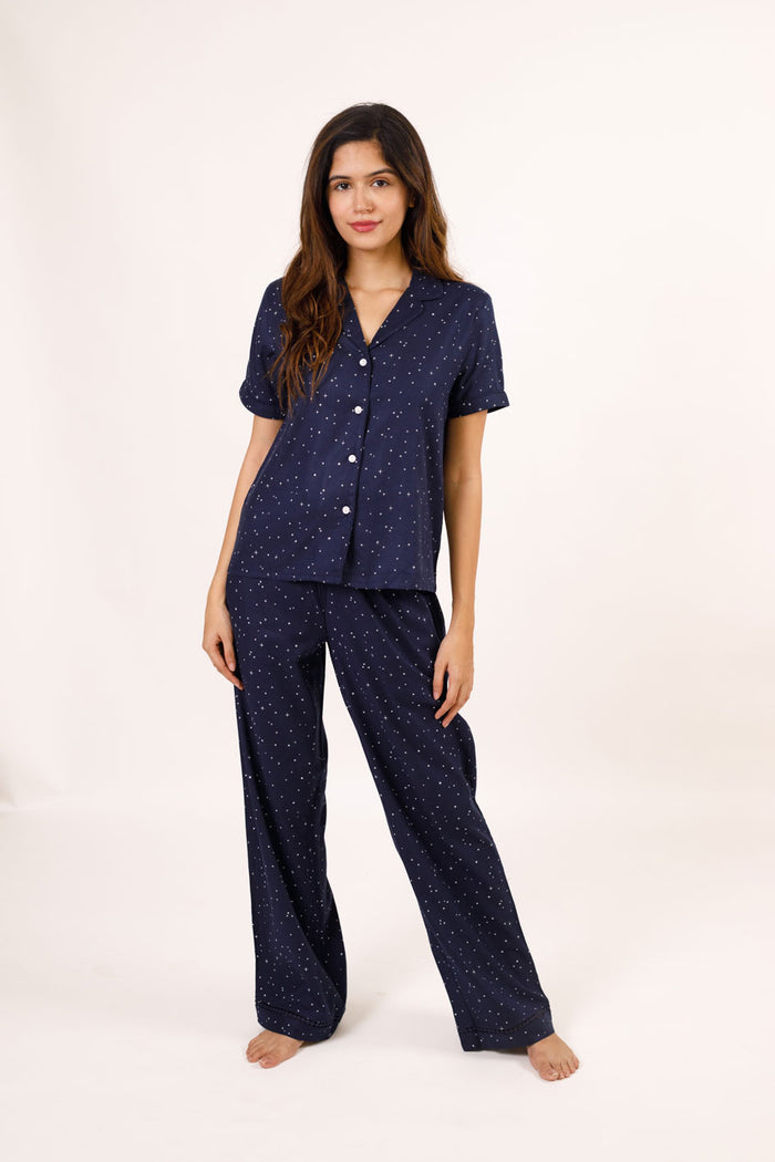 Starlight Blue Printed Cotton Twill Women's Pajama Set - Half Sleeves