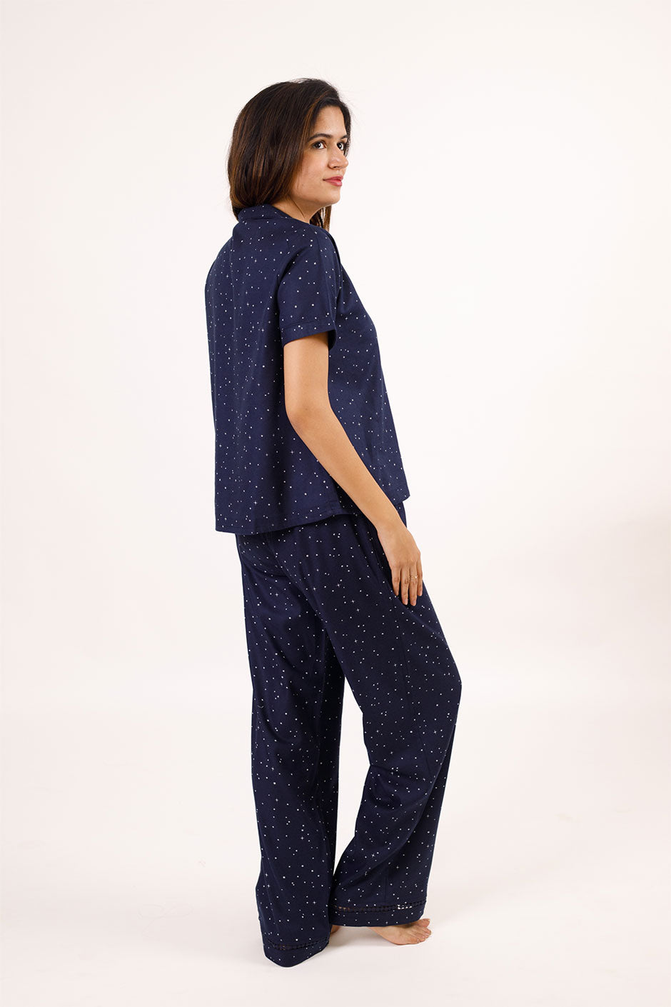 Starlight Blue Printed Cotton Twill Women's Pajama Set - Half Sleeves