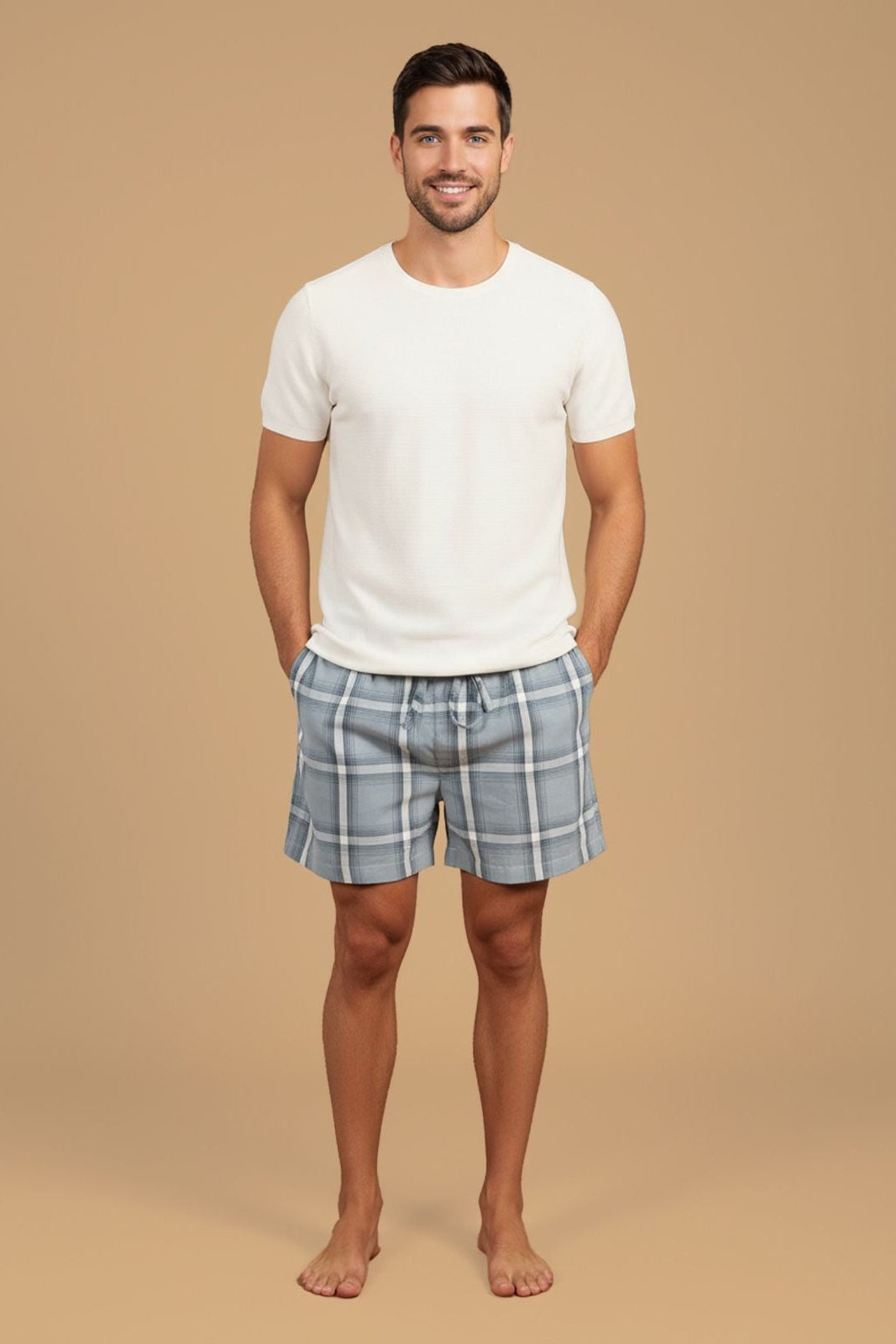 Grey Blue Checked Soft Cotton Men's Shorts