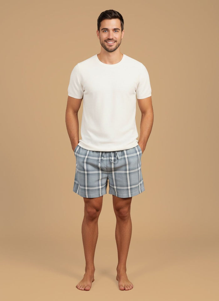 Grey Blue Checked Soft Cotton Men's Shorts