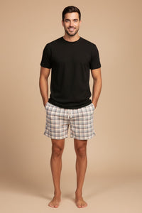 Beige Plaid Cotton Twill Men's Shorts