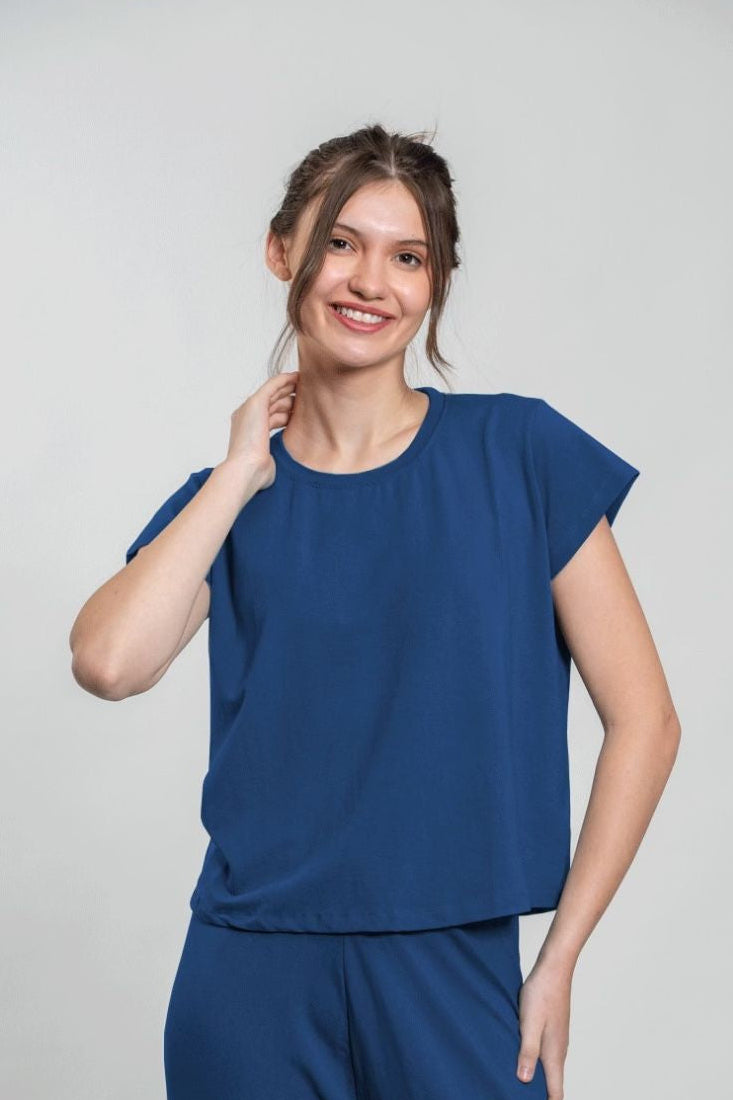 Ink Blue Butter-Soft Cotton Knit Top - Half Sleeves