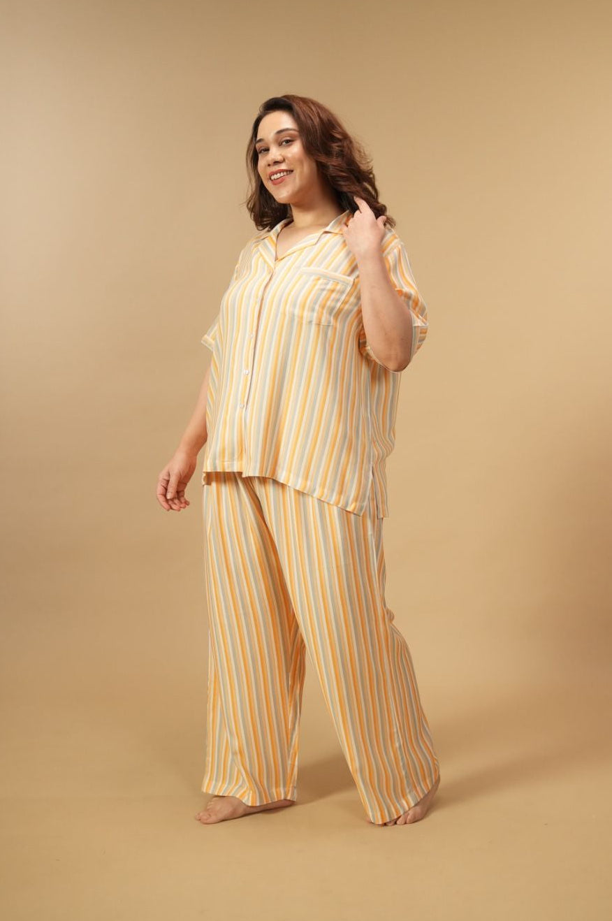 Honey Stripe Viscose Women's Curve Pajama Set - Half Sleeves