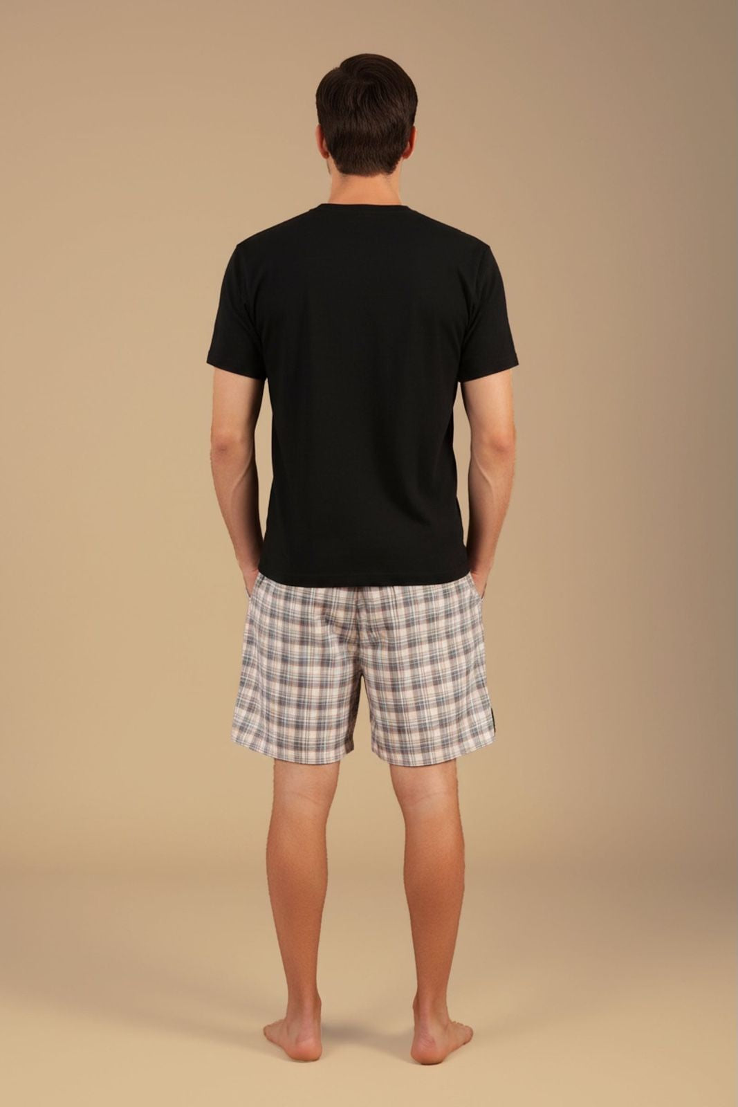 Beige Plaid Cotton Twill Men's Shorts