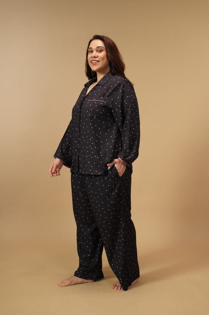 Miley Polka Viscose Women's Curve Pajama Set - Full Sleeves