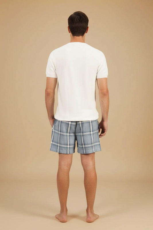 Grey Blue Checked Soft Cotton Men's Shorts