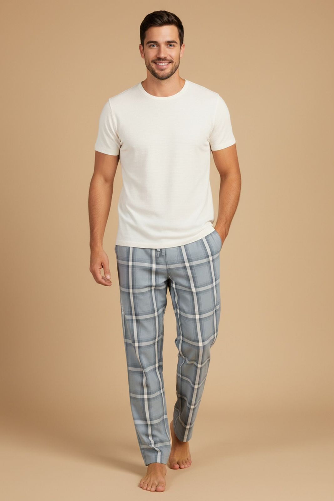 Grey Blue Checked Soft Cotton Men's Pajama