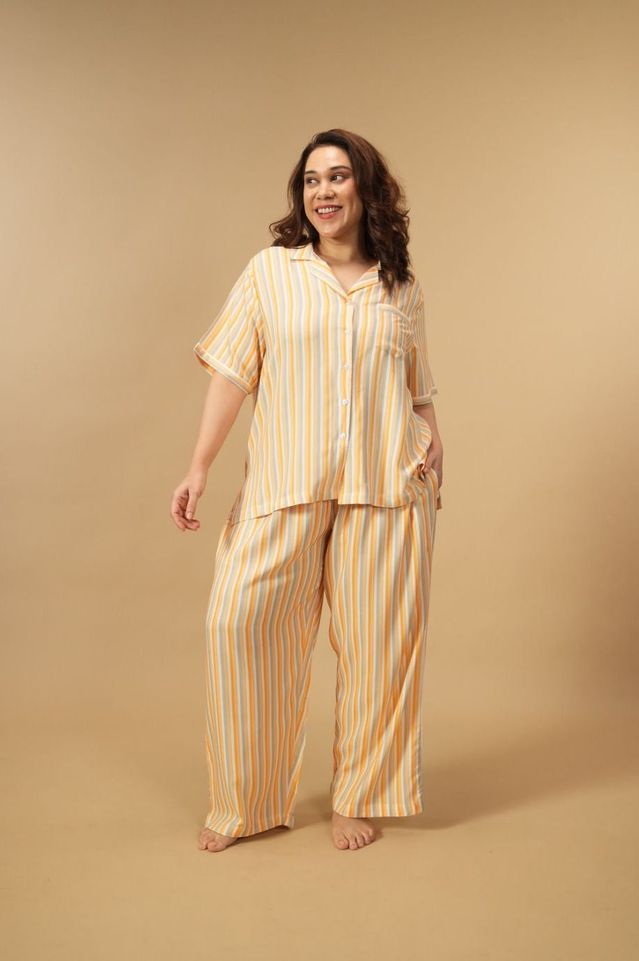 Honey Stripe Viscose Women's Curve Pajama Set - Half Sleeves