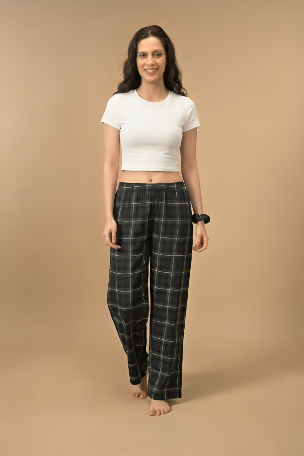 Forest Green Check Cotton Blend Women's Pajama Only
