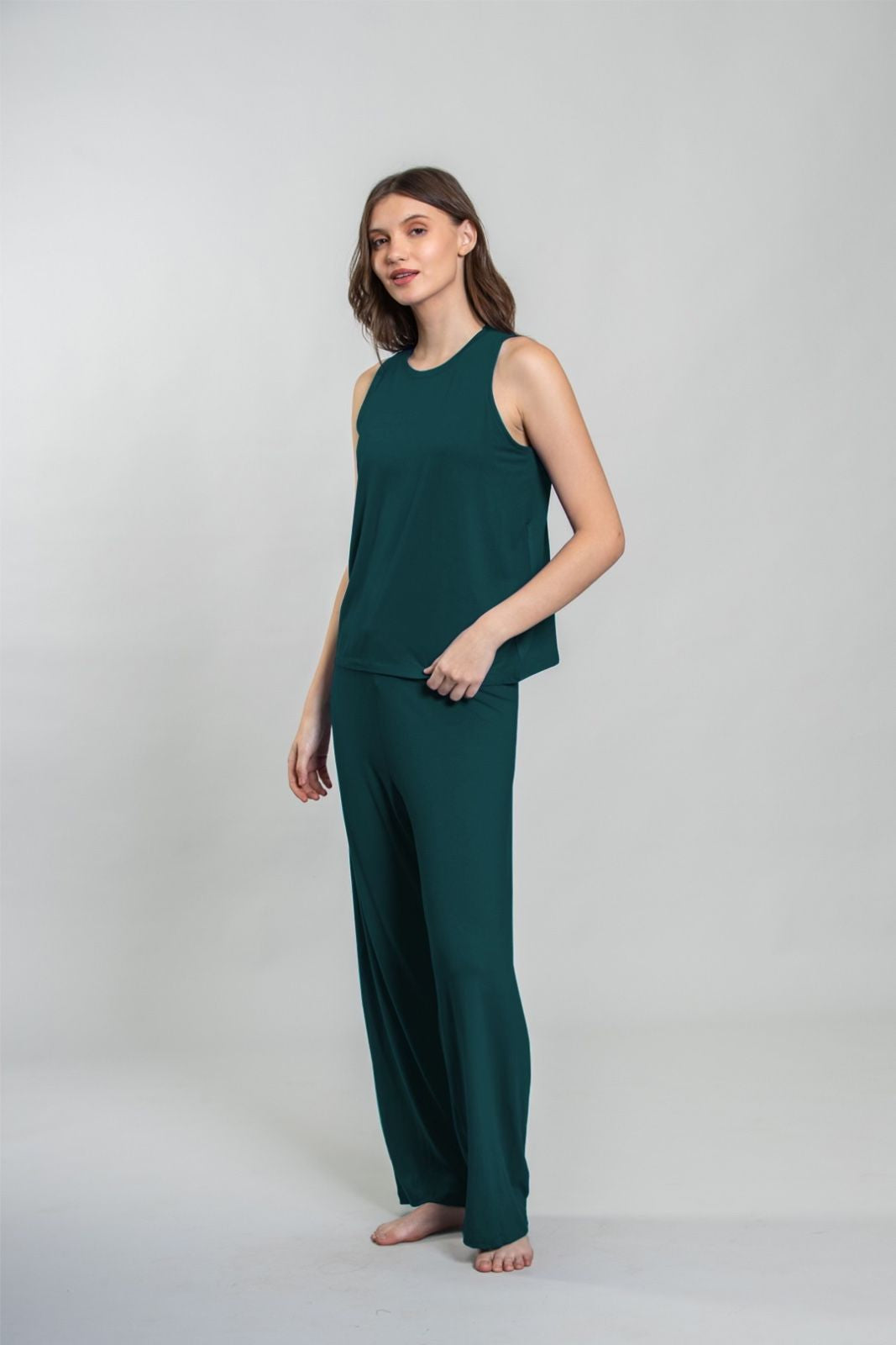 Bottle Green Lucy Butter-Soft Bamboo Knit Women's Pajama Set- Sleeveless