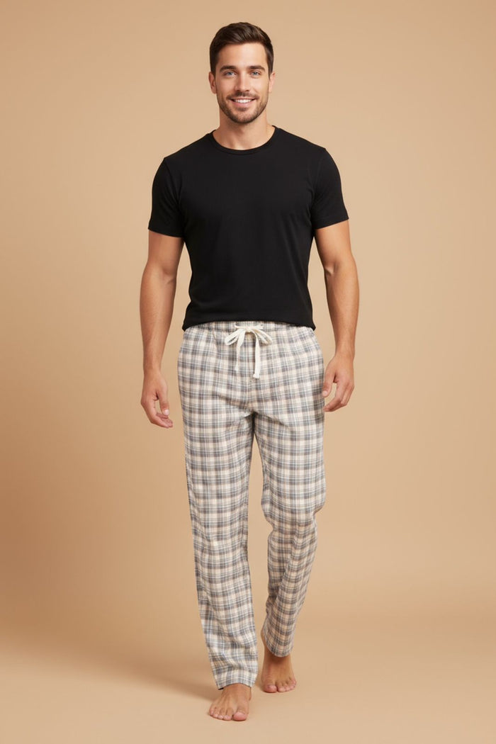 Beige Plaid Cotton Twill Men's Pajama