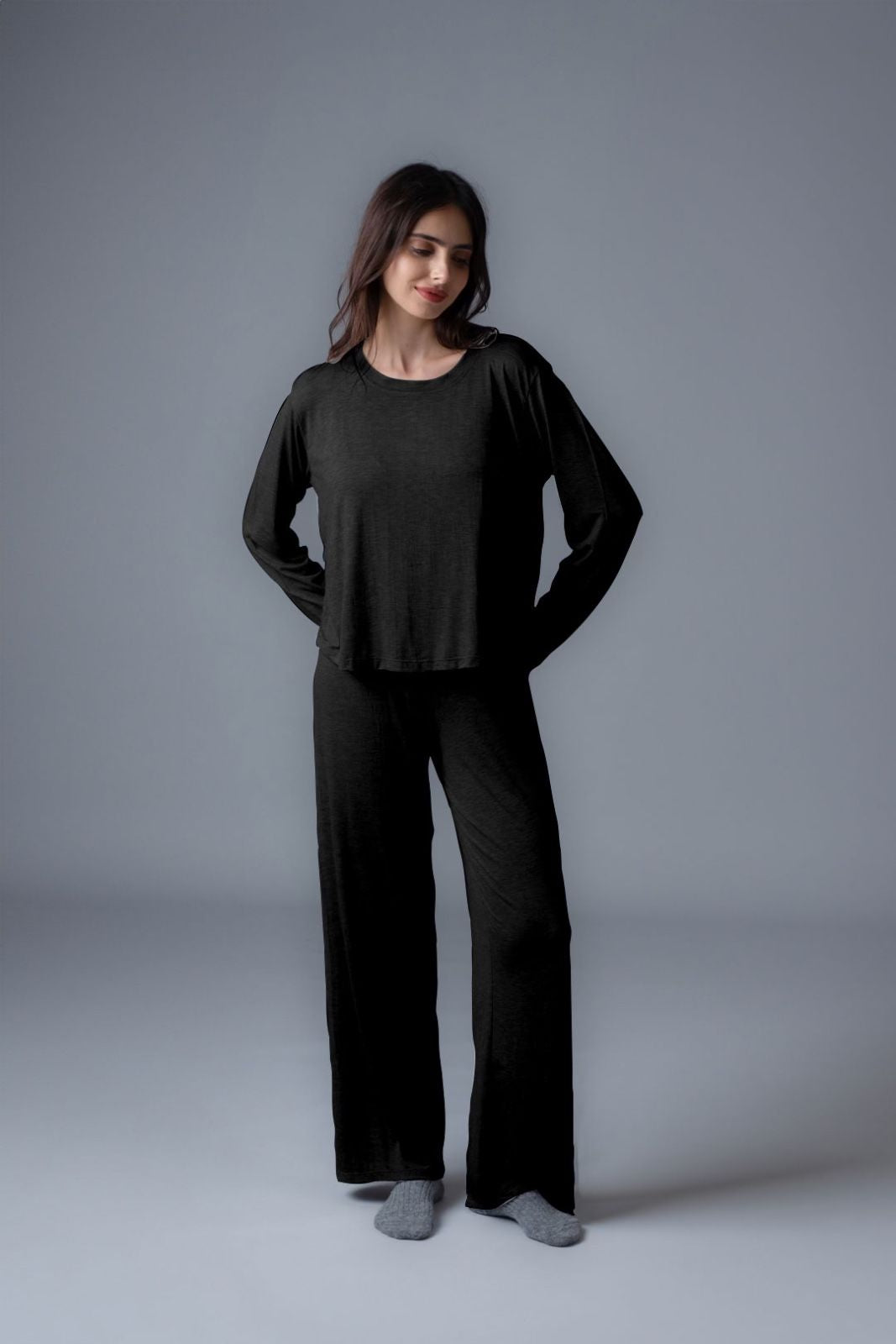 Black Lucy Butter-Soft Viscose Knit Women's Pajama Set- Full Sleeves
