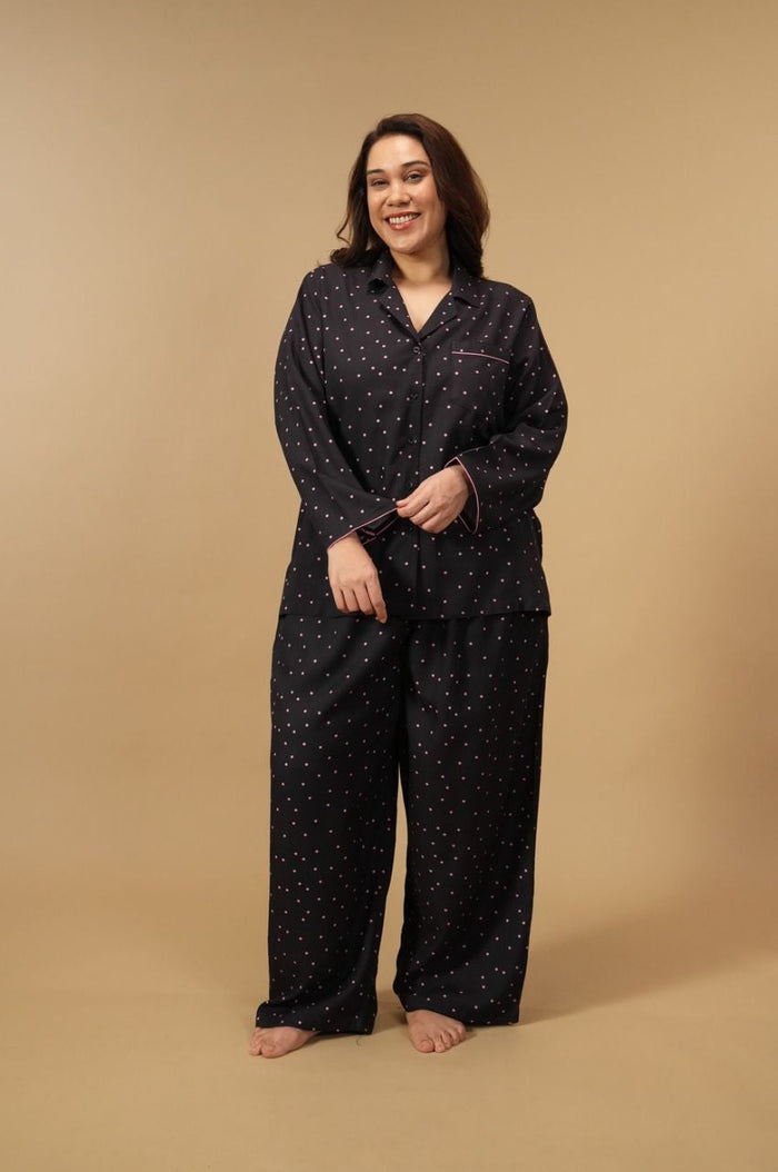 Miley Polka Viscose Women's Curve Pajama Set - Full Sleeves
