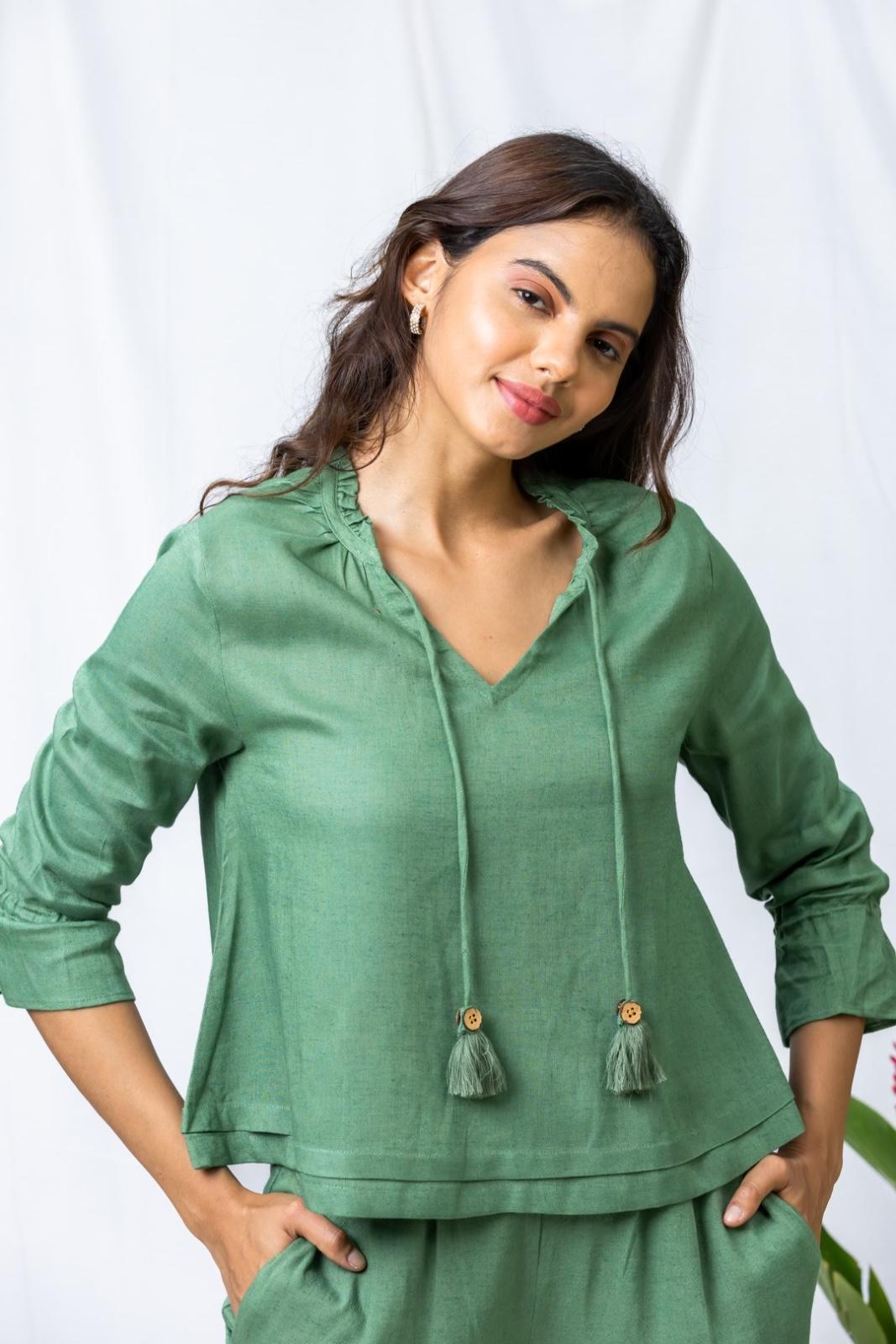 Masai Green Linen Women's Lounge Pleated Co-ord Set