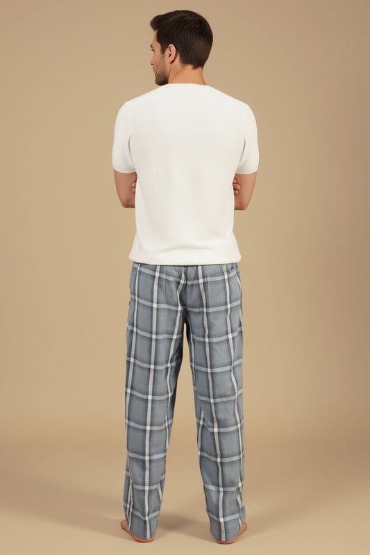 Grey Blue Checked Soft Cotton Men's Pajama