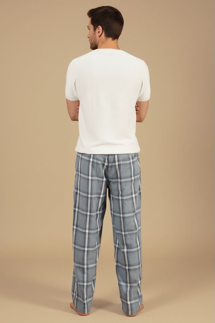 Grey Blue Checked Soft Cotton Men's Pajama