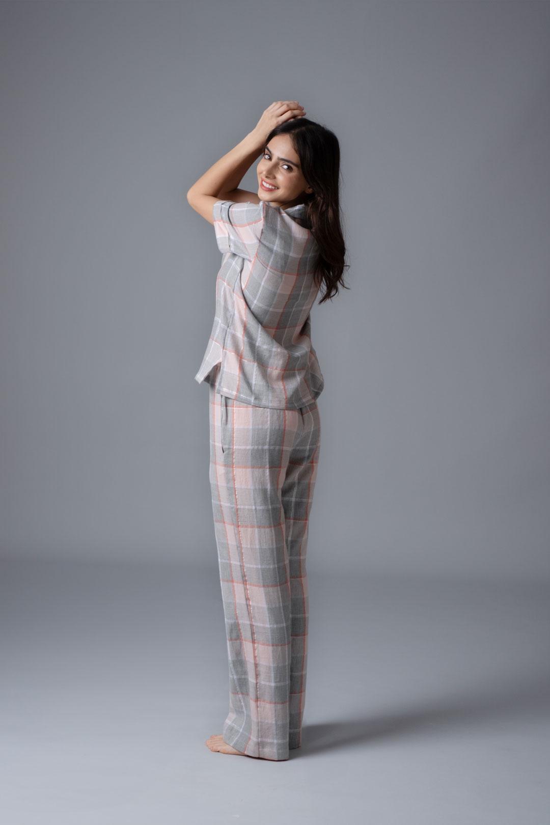 Winter Dusk Lurex Check Cotton Women's Pajama Set - Half Sleeves
