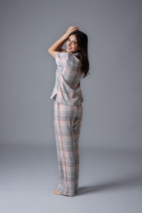 Winter Dusk Lurex Check Cotton Women's Pajama Set - Half Sleeves