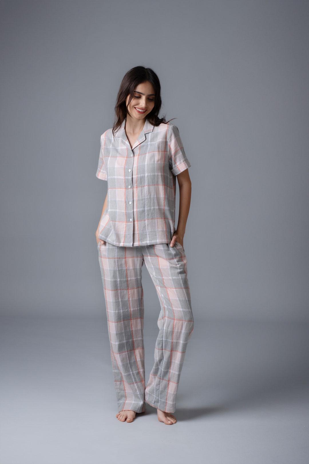 Winter Dusk Lurex Check Cotton Women's Pajama Set - Half Sleeves