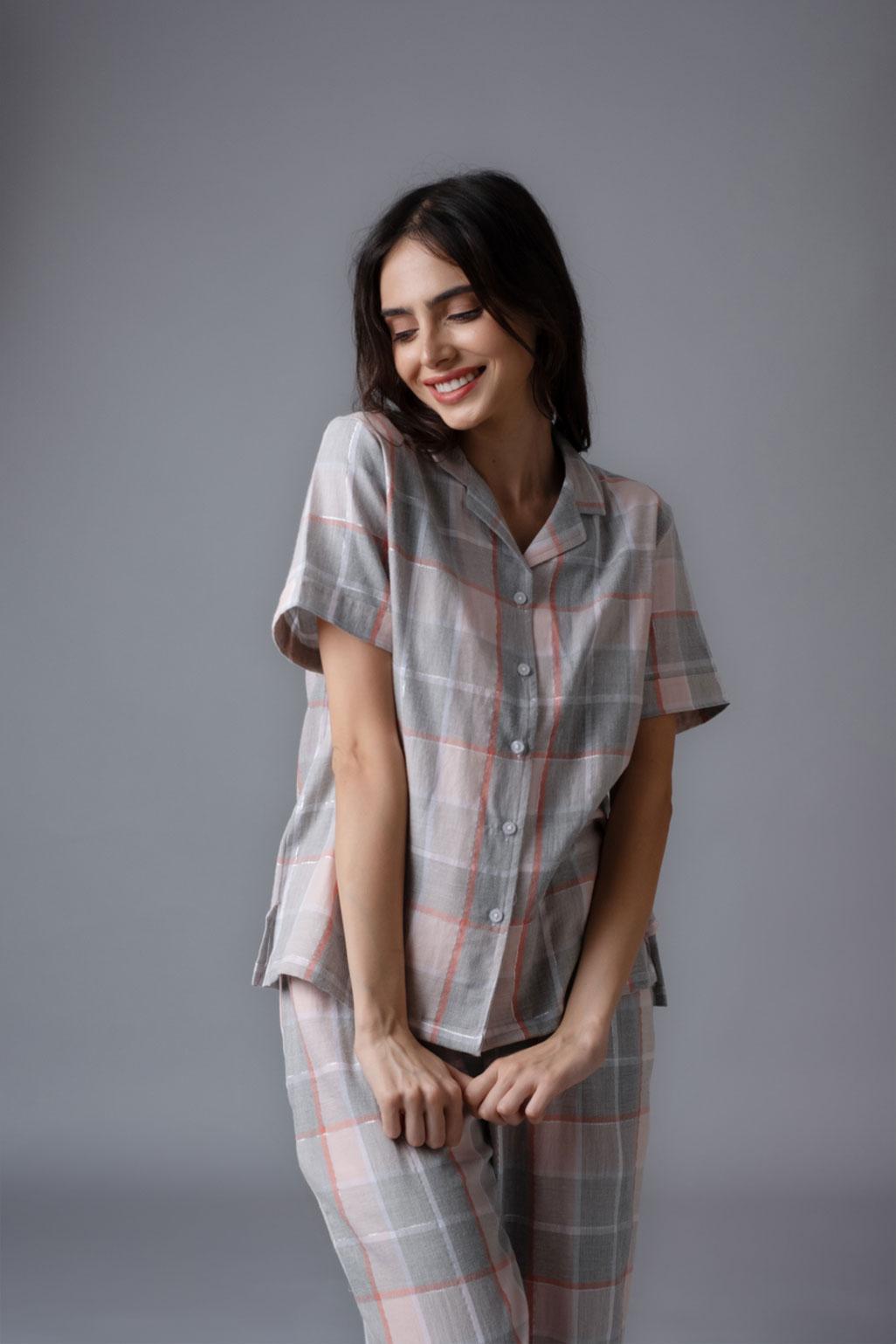 Winter Dusk Lurex Check Cotton Women's Pajama Set - Half Sleeves