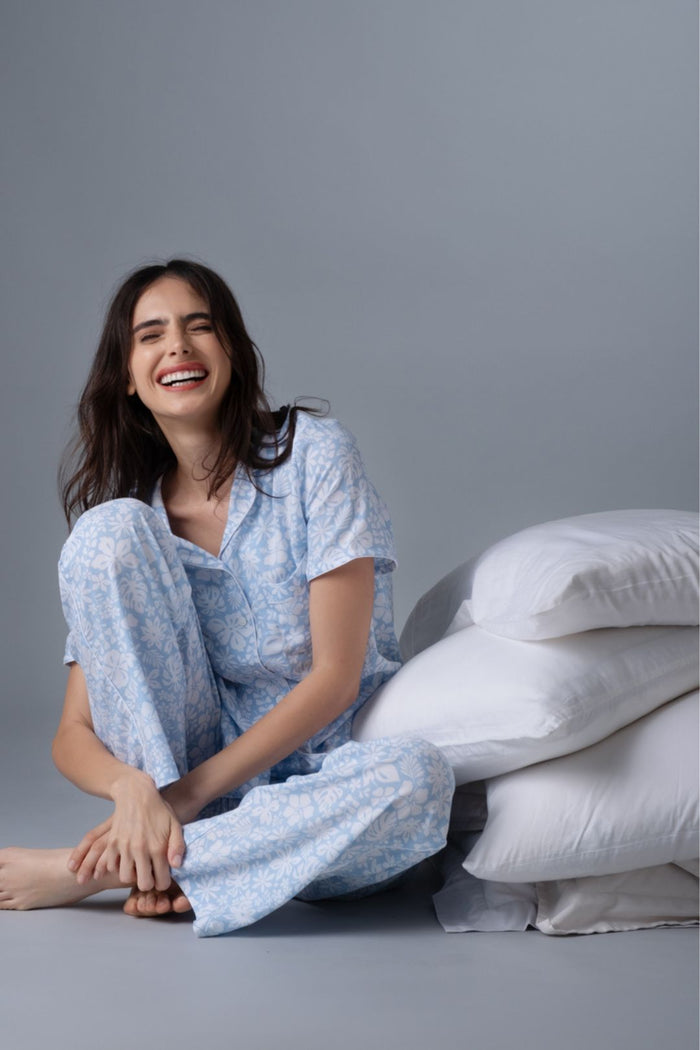 Bella Blue Printed Cotton Blend Women's Pajama Set - Half Sleeves