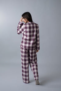 Purple Plaid Cotton Women's Pajama Set - Full Sleeves