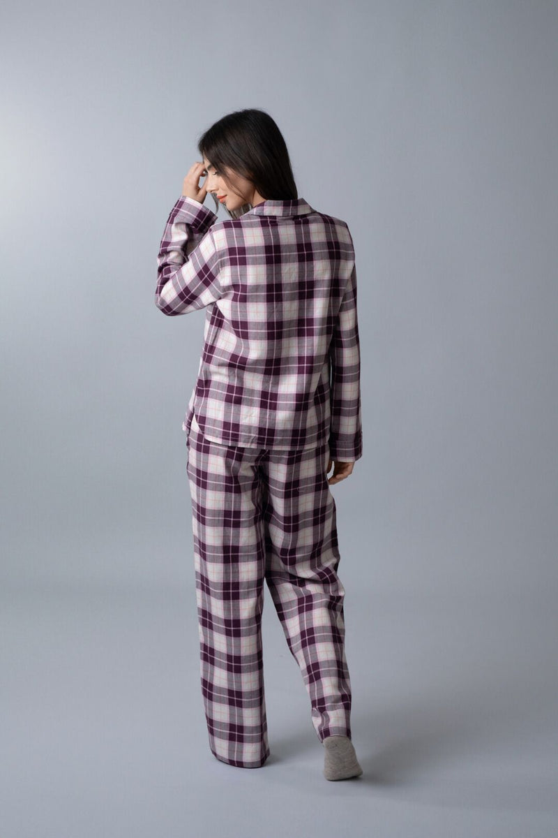 Purple Plaid Cotton Women's Pajama Set - Full Sleeves