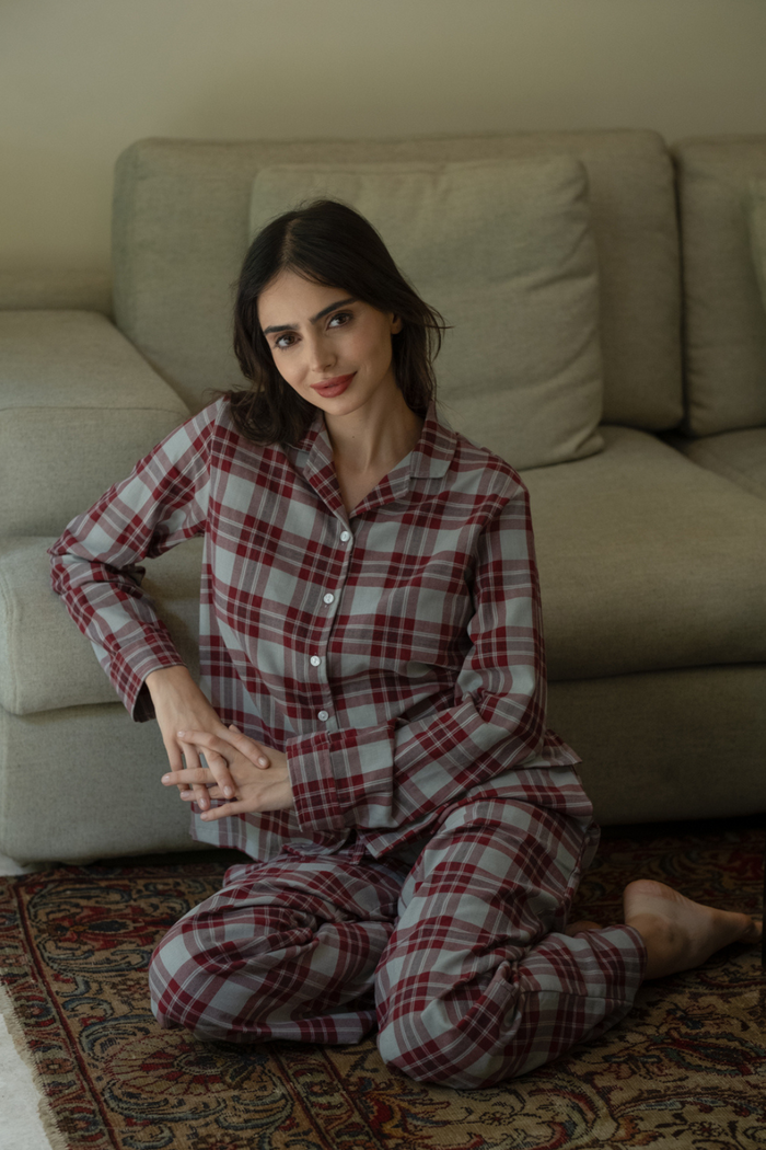 Ruby Plaid Cotton Twill Women's Pajama Set - Full Sleeves