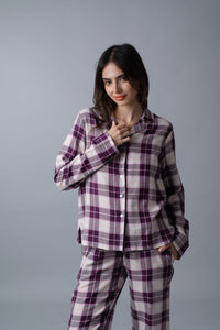 Purple Plaid Cotton Women's Pajama Set - Full Sleeves