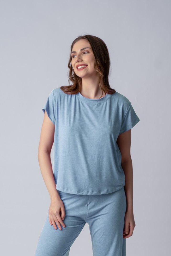 Sky Blue Butter-Soft Cotton Knit Top - Half Sleeves