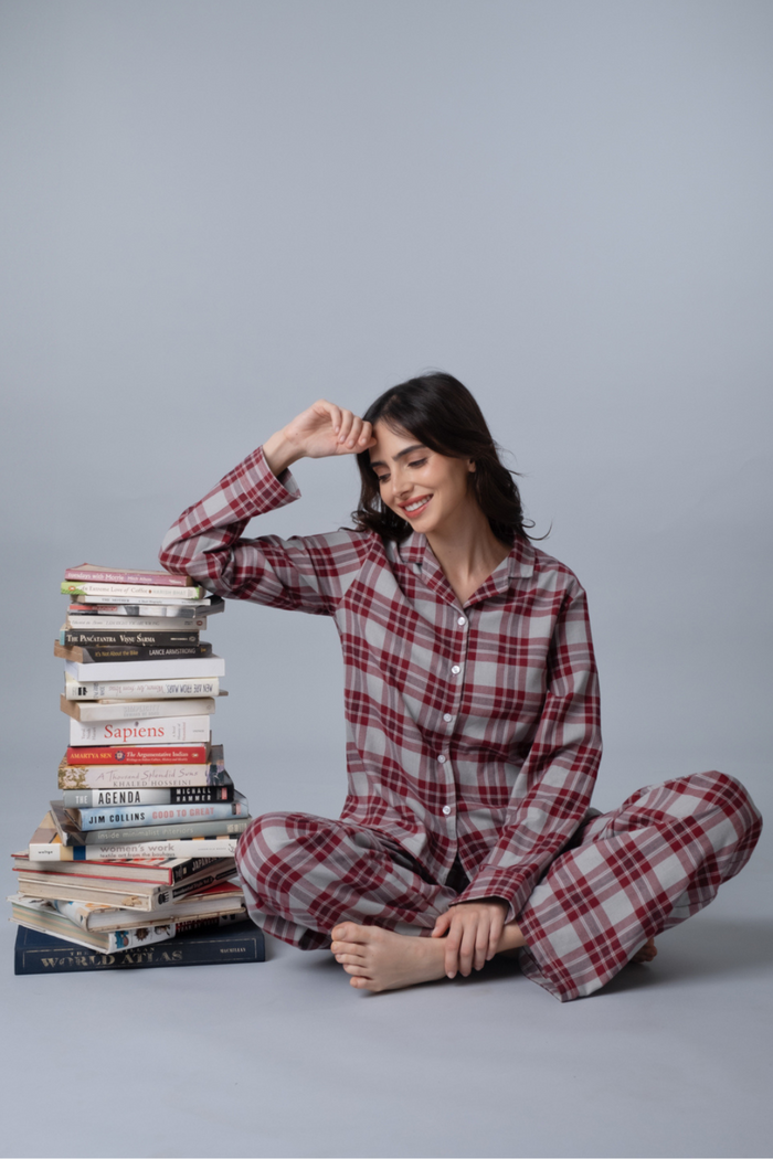 Ruby Plaid Cotton Twill Women's Pajama Set - Full Sleeves