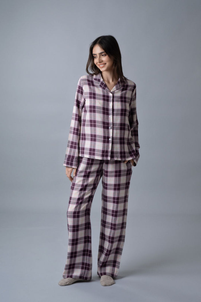 Purple Plaid Cotton Women's Pajama Set - Full Sleeves