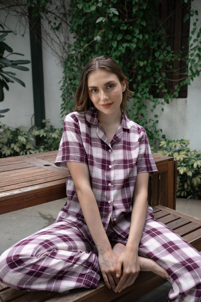 Purple Plaid Cotton Women's Pajama Set - Half Sleeves