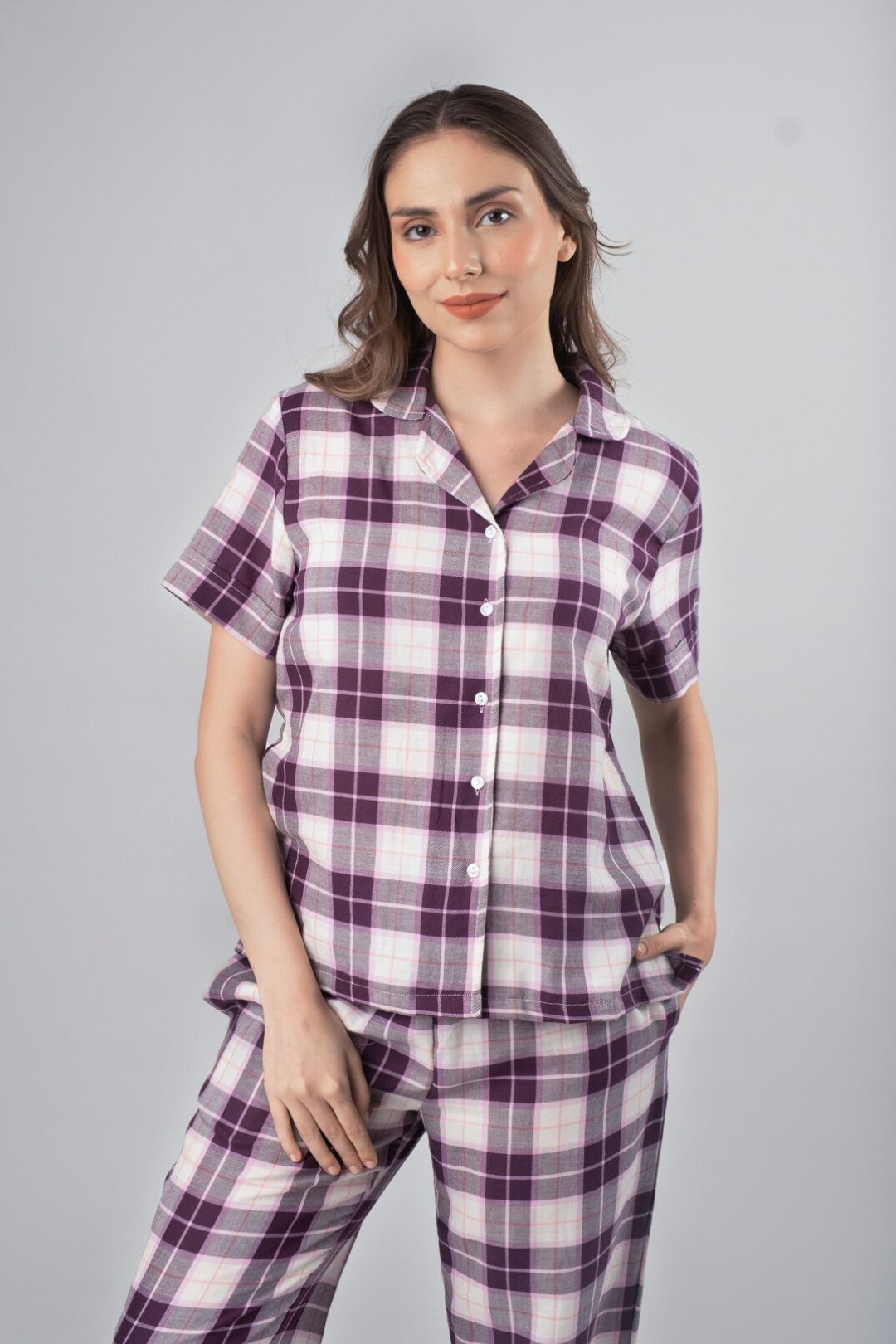 Purple Plaid Cotton Women's Pajama Set - Half Sleeves
