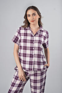 Purple Plaid Cotton Women's Pajama Set - Half Sleeves
