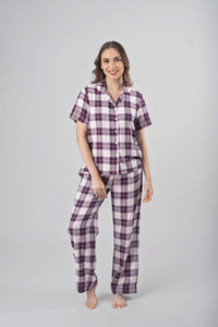 Purple Plaid Cotton Women's Pajama Set - Half Sleeves