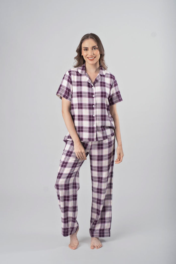 Purple Plaid Cotton Women's Pajama Set - Half Sleeves
