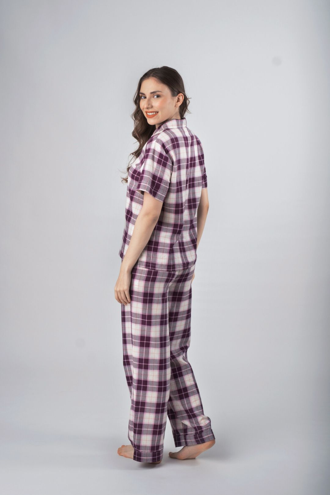 Purple Plaid Cotton Women's Pajama Set - Half Sleeves