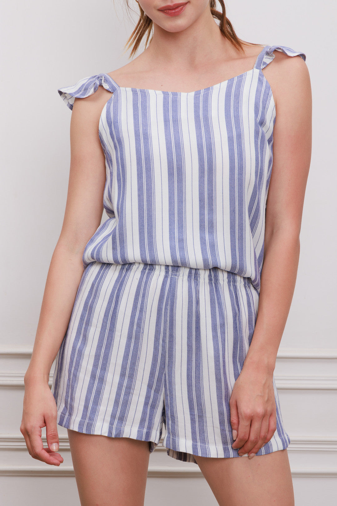 Striped Ruffle Blue Cotton Women's Shorts Set