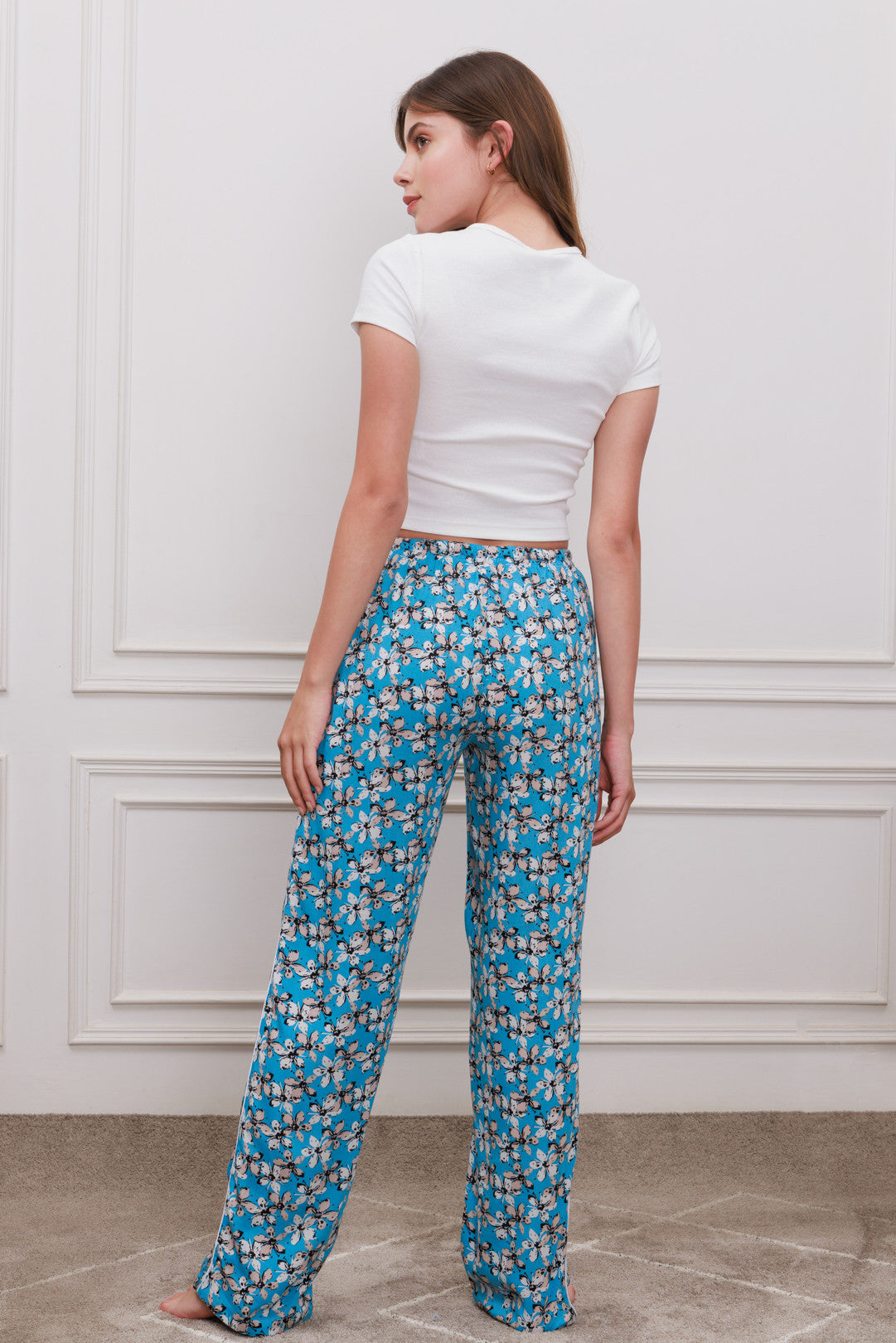 Blue Floral Cotton Blend Women's Pajama