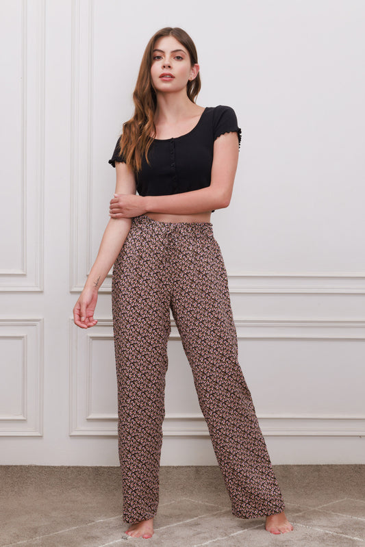 Ditsy Floral Black Cotton Blend Women's Pajama